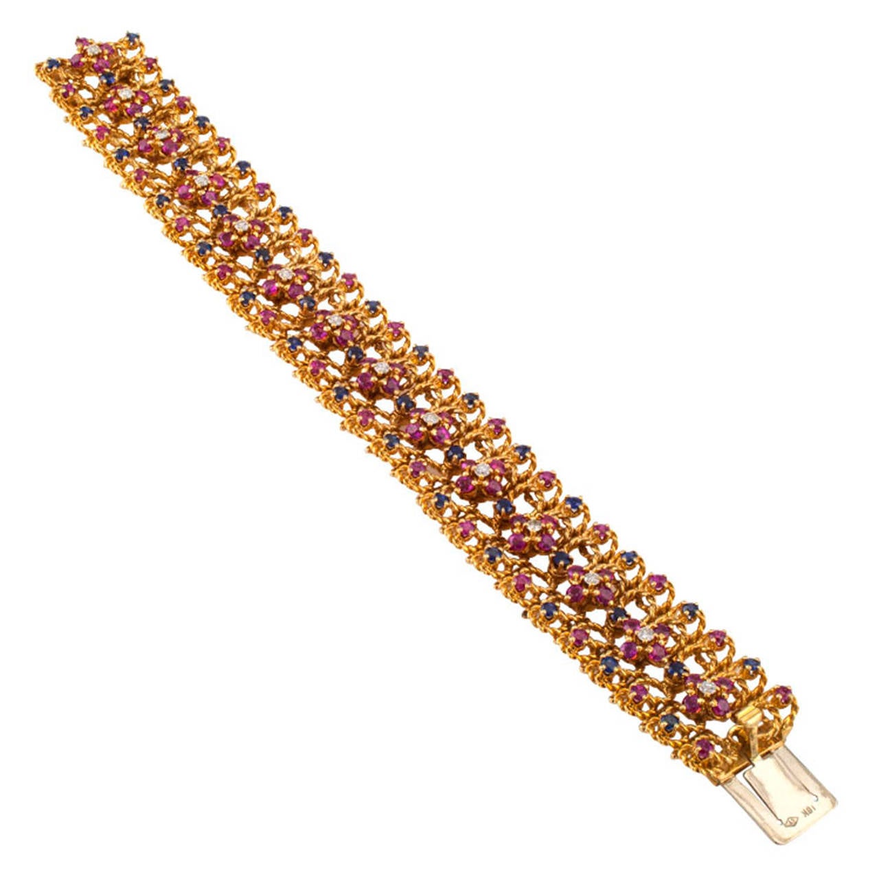1960s Wide Ruby Sapphire Diamond Gold Bracelet  In Excellent Condition In Los Angeles, CA