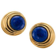 Lapis  Gold Button Ear Clips