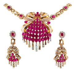 Vintage Ruby Diamond Gold Necklace  Earrings Set