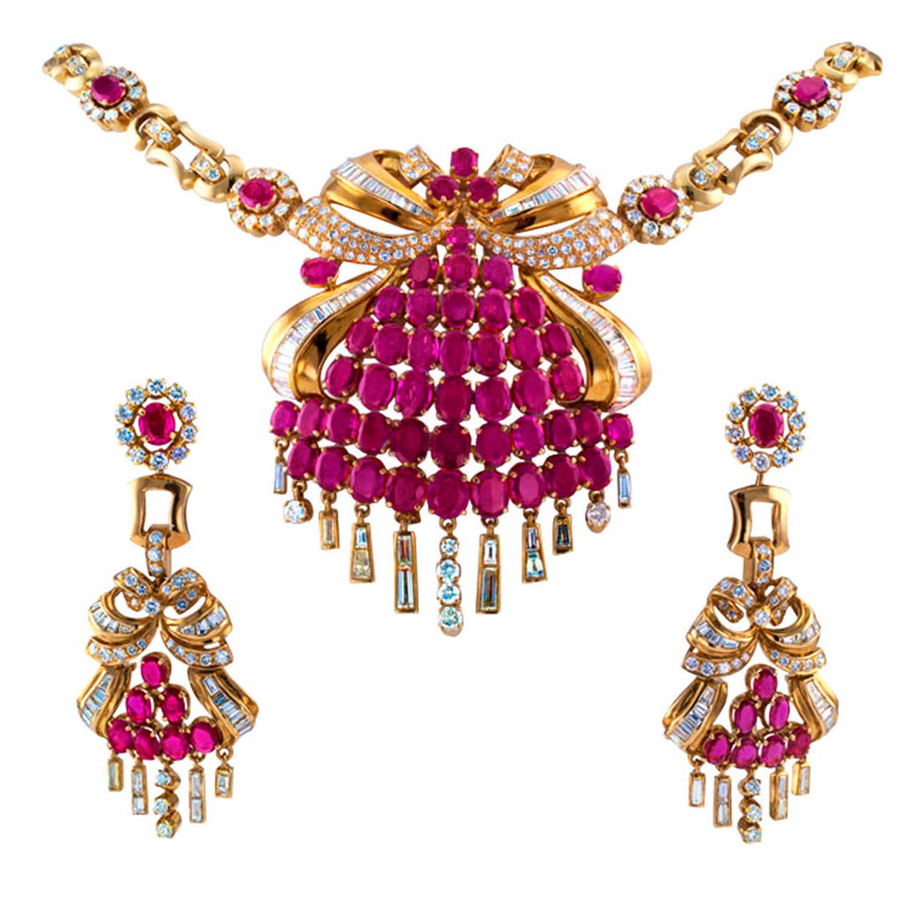 Ruby Diamond Gold Necklace  Earrings Set