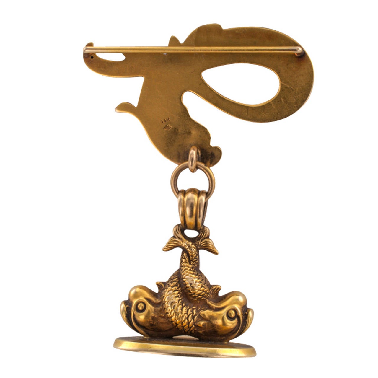 Art Nouveau Mythological Sea Creatures Watch Fob

Antique watch fob, circa 1905.  The design is composed by a trio of mythological marine beasts, the surmount features the largest of the three with a long and coiled tail, suspending from its mouth