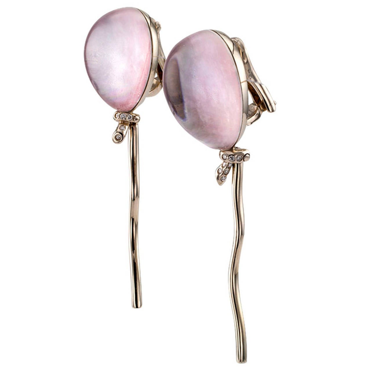 Totally different, stylish and very whimsical, Vernier's design features bezel-set cabochon pink quartz shaped to resemble a balloon tied to a string of gold, the knot set with small round diamonds totaling approximately 0.12 carat, mounted in 18