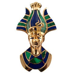 Retro King Tutankhamun Egyptian Revival Lapis Lazuli Malachite Gold Brooch Pendant