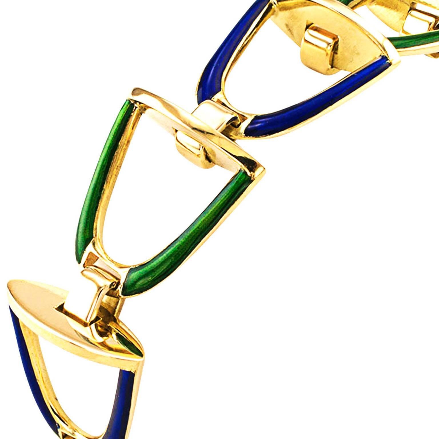 Modern Equestrian Blue and Green Enamel Gold Stirrup Bracelet