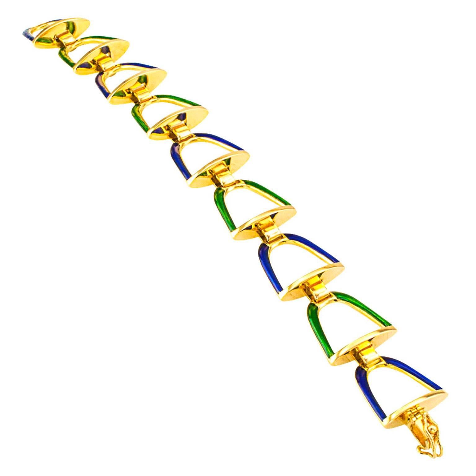 Equestrian Blue and Green Enamel Gold Stirrup Bracelet In Excellent Condition In Los Angeles, CA