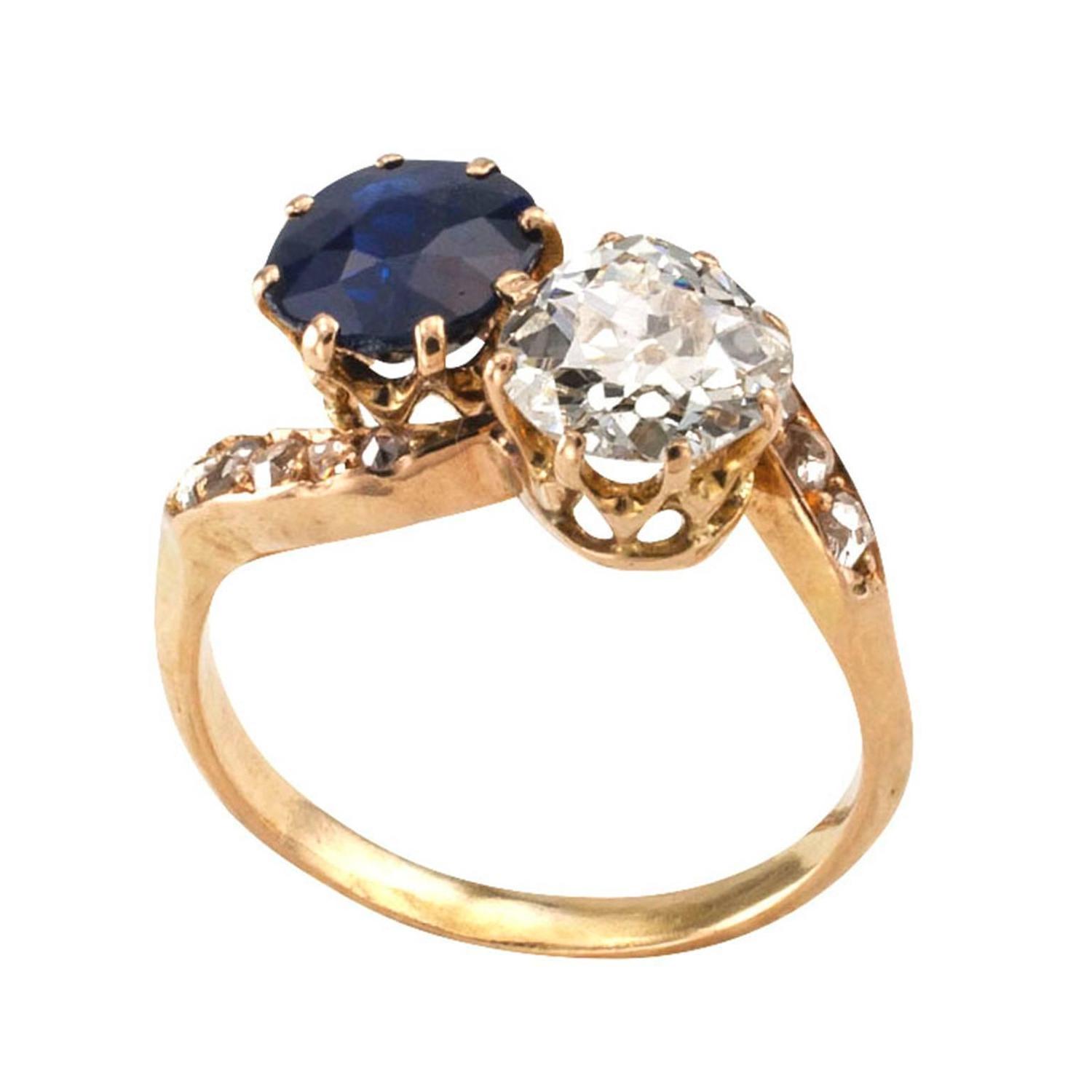Victorian Sapphire Diamond Gold Toi et Moi Ring For Sale at 1stdibs