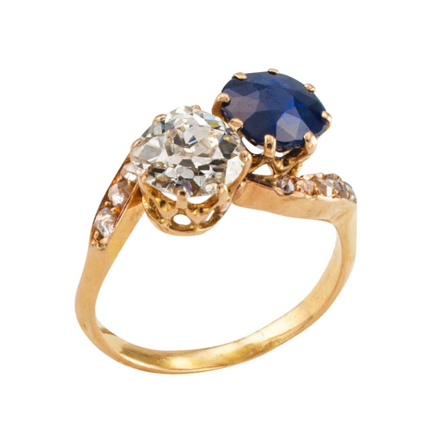 Victorian Sapphire Diamond Gold Toi et Moi  Engagement Ring