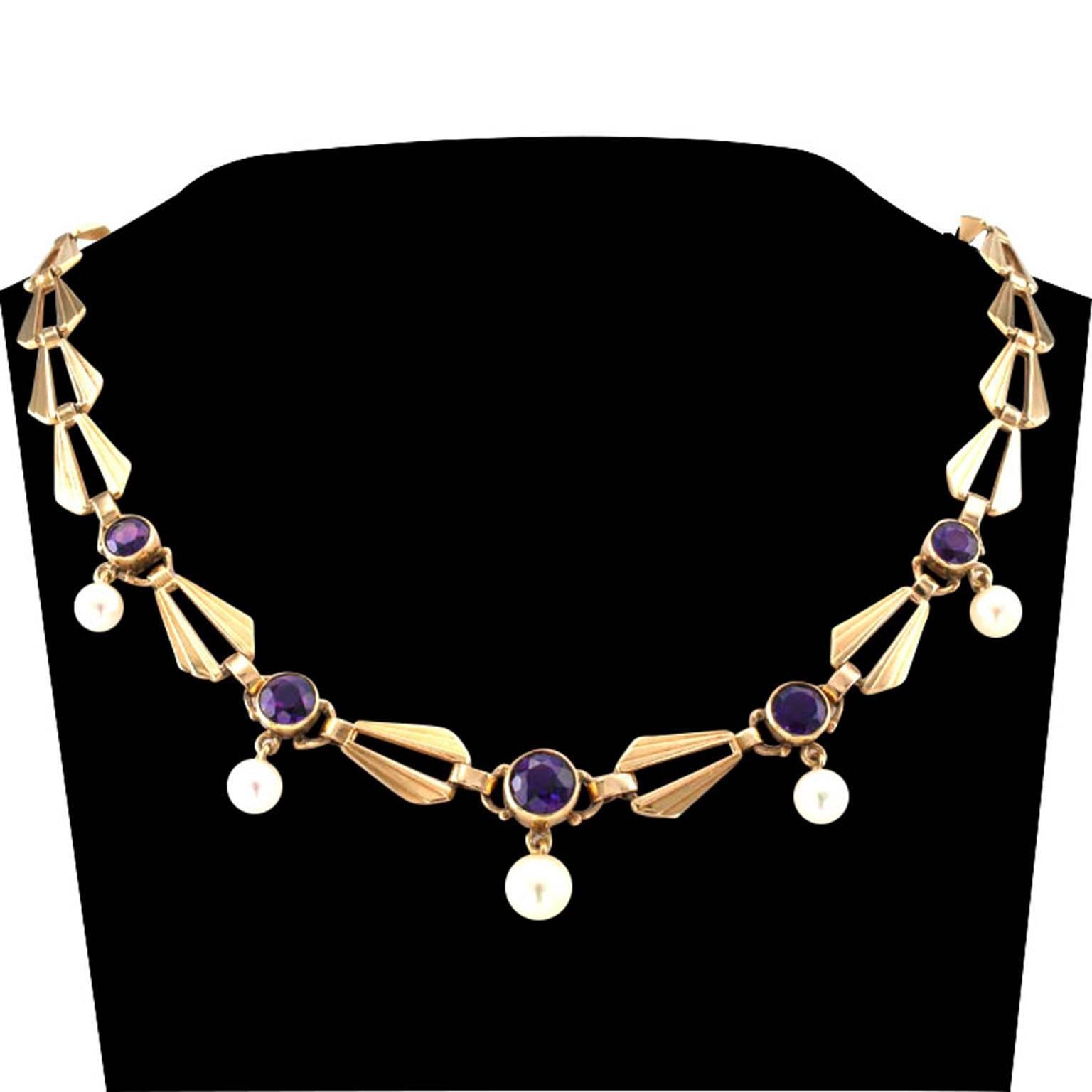 Retro Amethyst Cultured Pearl Gold Necklace In Excellent Condition In Los Angeles, CA