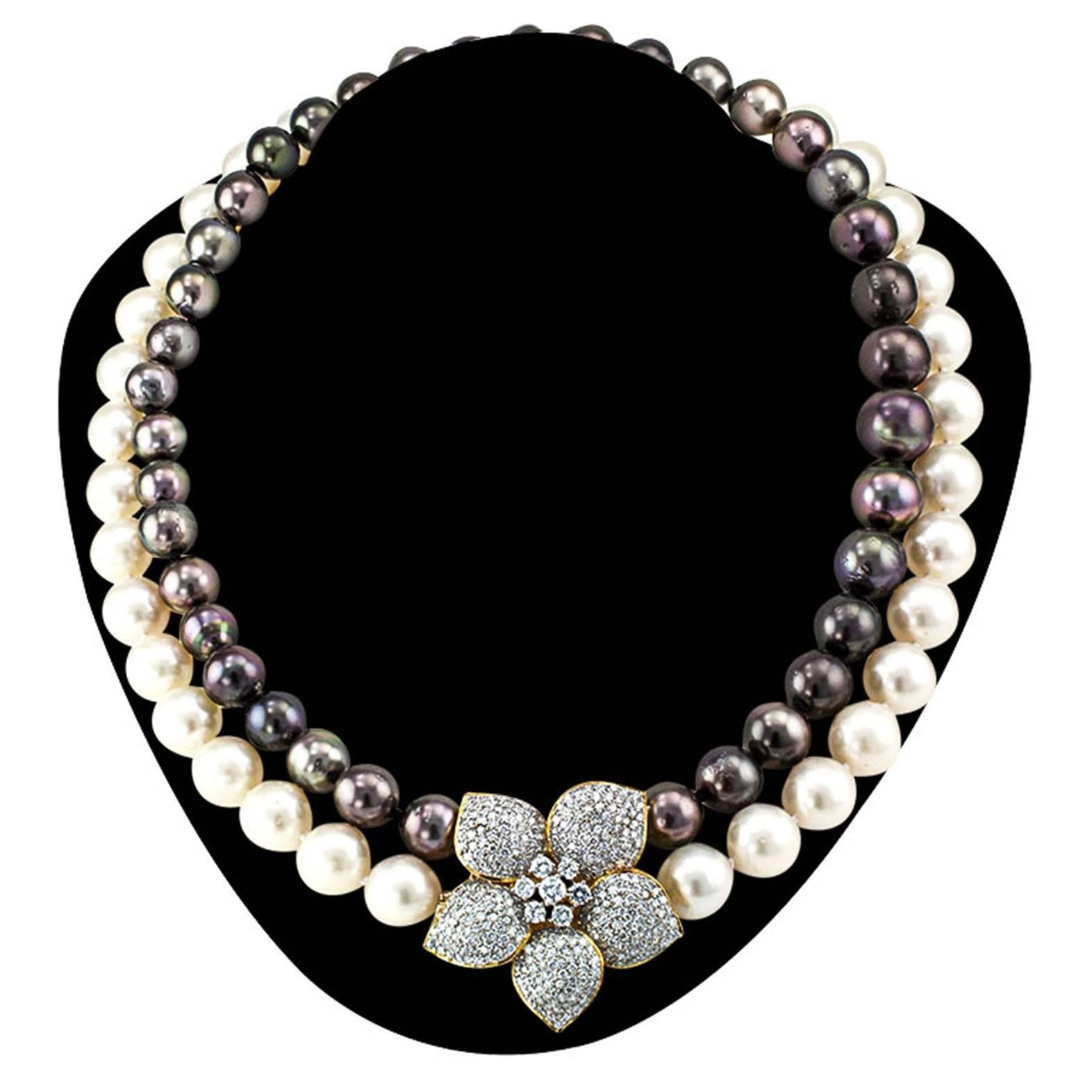 Tahitian and South Sea Cultured Pearl Necklace With Diamond Flower Clasp

The most exotic gems from the sea were gathered for this nested cultured pearl necklace comprising a strand of thirty eight Tahitian pearls measuring 10 to 14.5 mm in