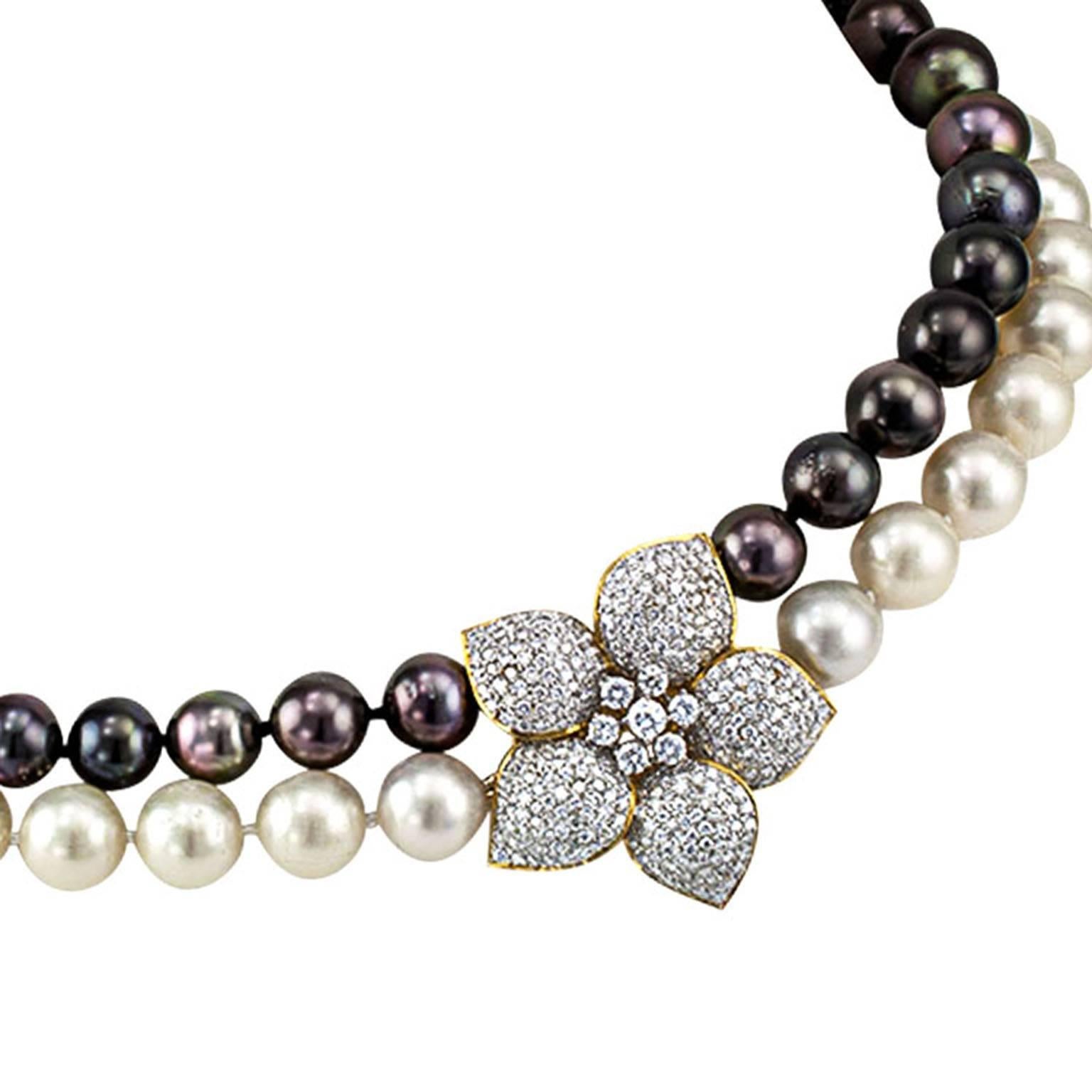 Tahitian and South Sea Pearl Necklace With Diamond Flower Clasp 2