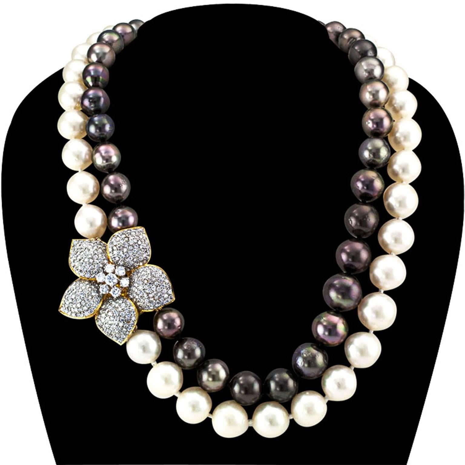 Contemporary Tahitian and South Sea Pearl Necklace With Diamond Flower Clasp