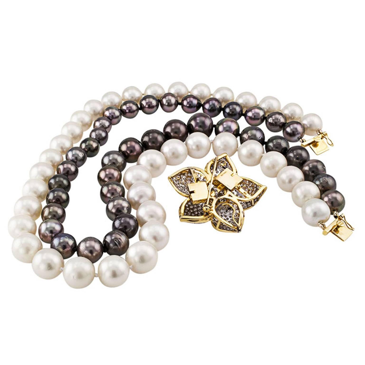 Women's or Men's Tahitian and South Sea Pearl Necklace With Diamond Flower Clasp