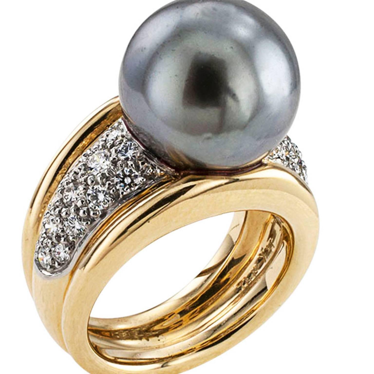 Women's or Men's Tahitian Cultured Pearl Diamond Gold Ring