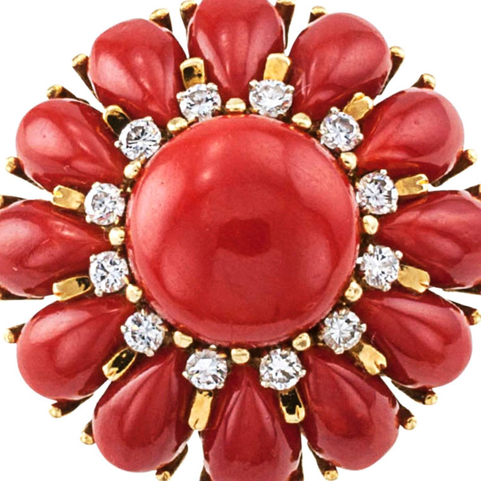 Women's or Men's Red Coral Diamond Gold Ring