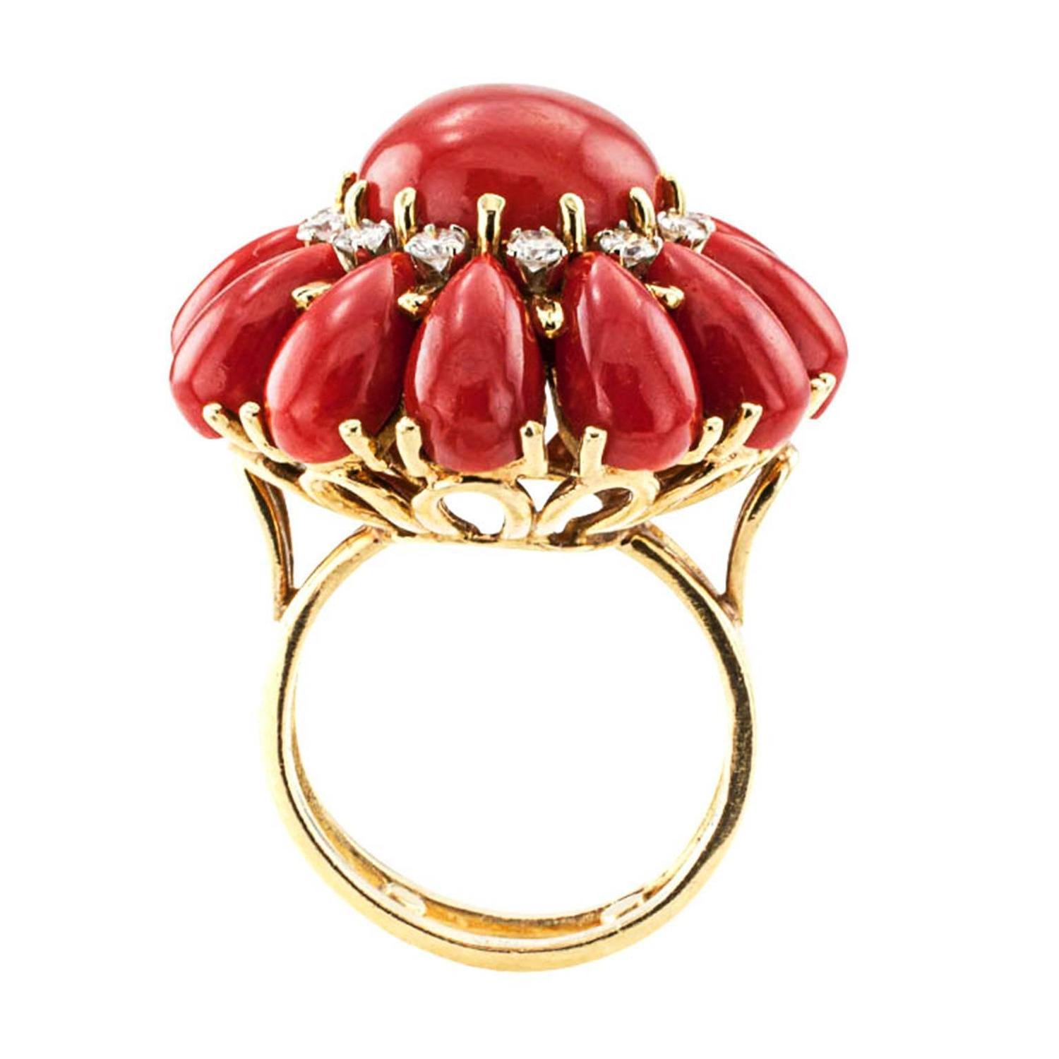 Red Coral Diamond Gold Ring at 1stdibs