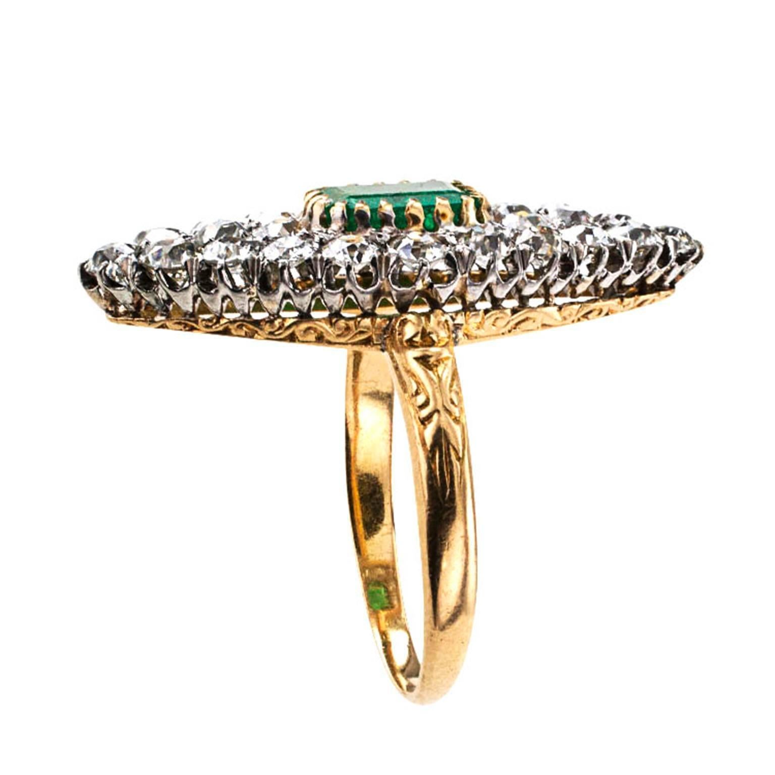 Emerald Cut Edwardian Emerald Diamond Gold Platinum Ring