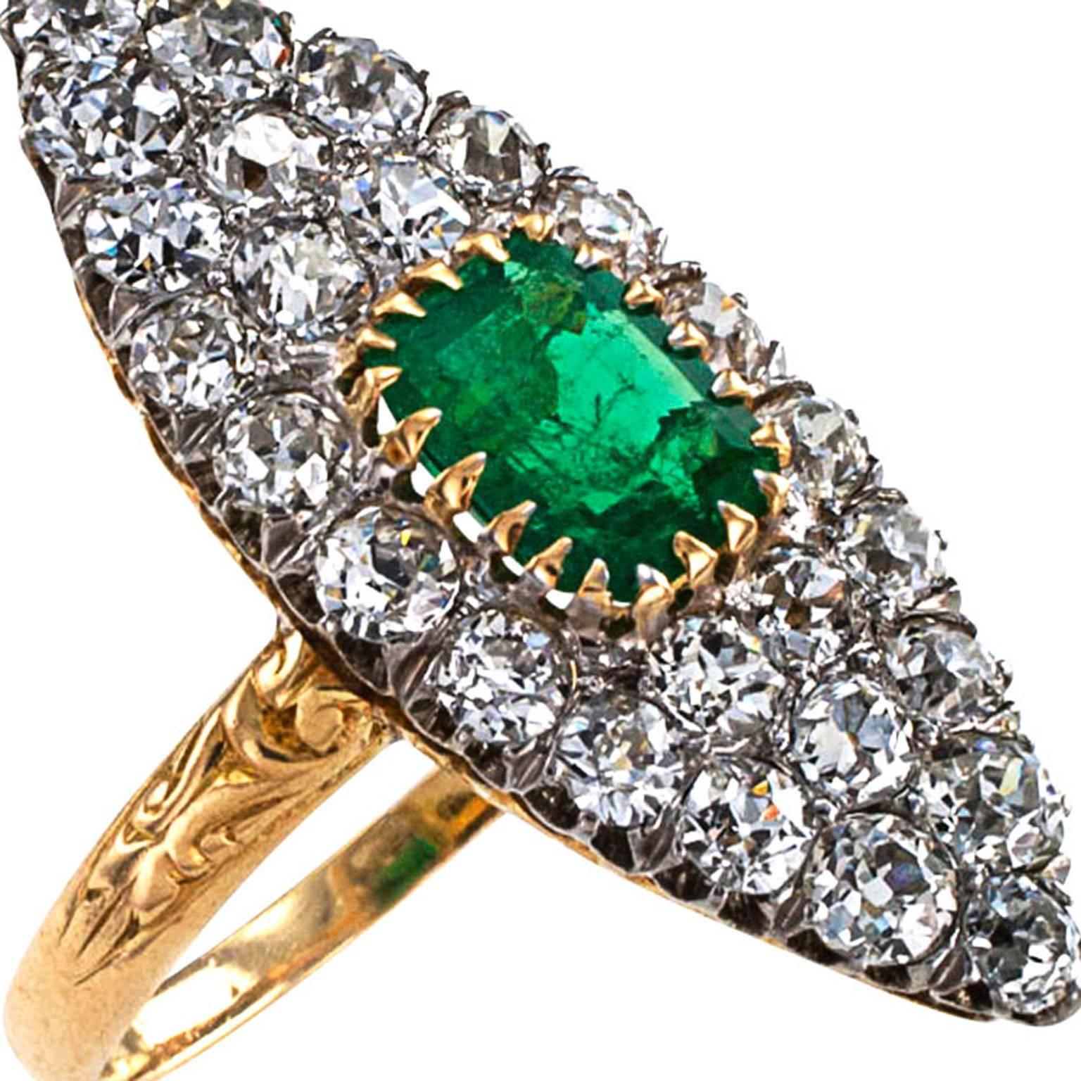 Women's or Men's Edwardian Emerald Diamond Gold Platinum Ring