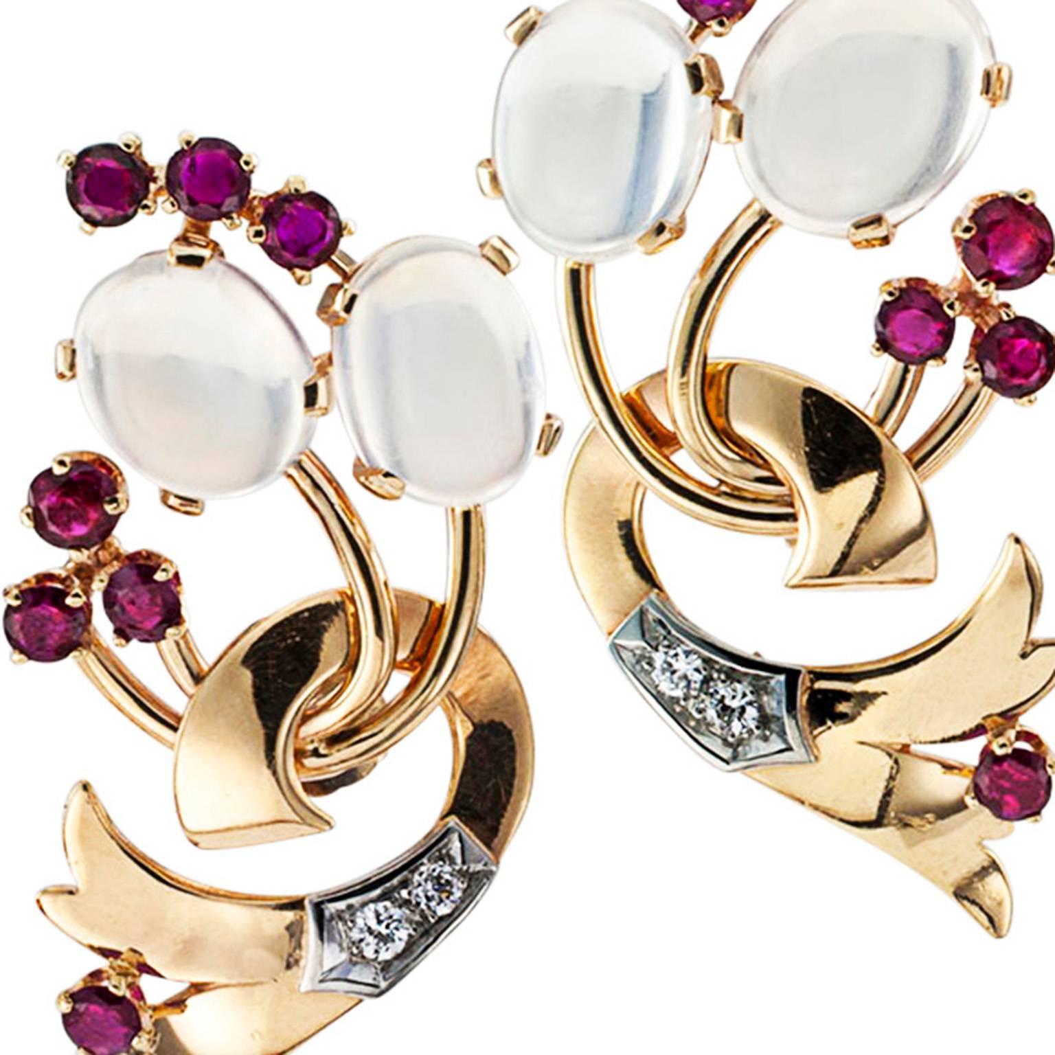 1940s Moonstone Ruby Diamond Gold Retro Earrings 1