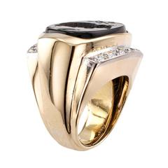 Lady's Onyx Diamond Gold Intaglio Ring