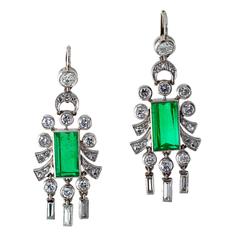  1950s Emerald Diamond Platinum Drop Earrings