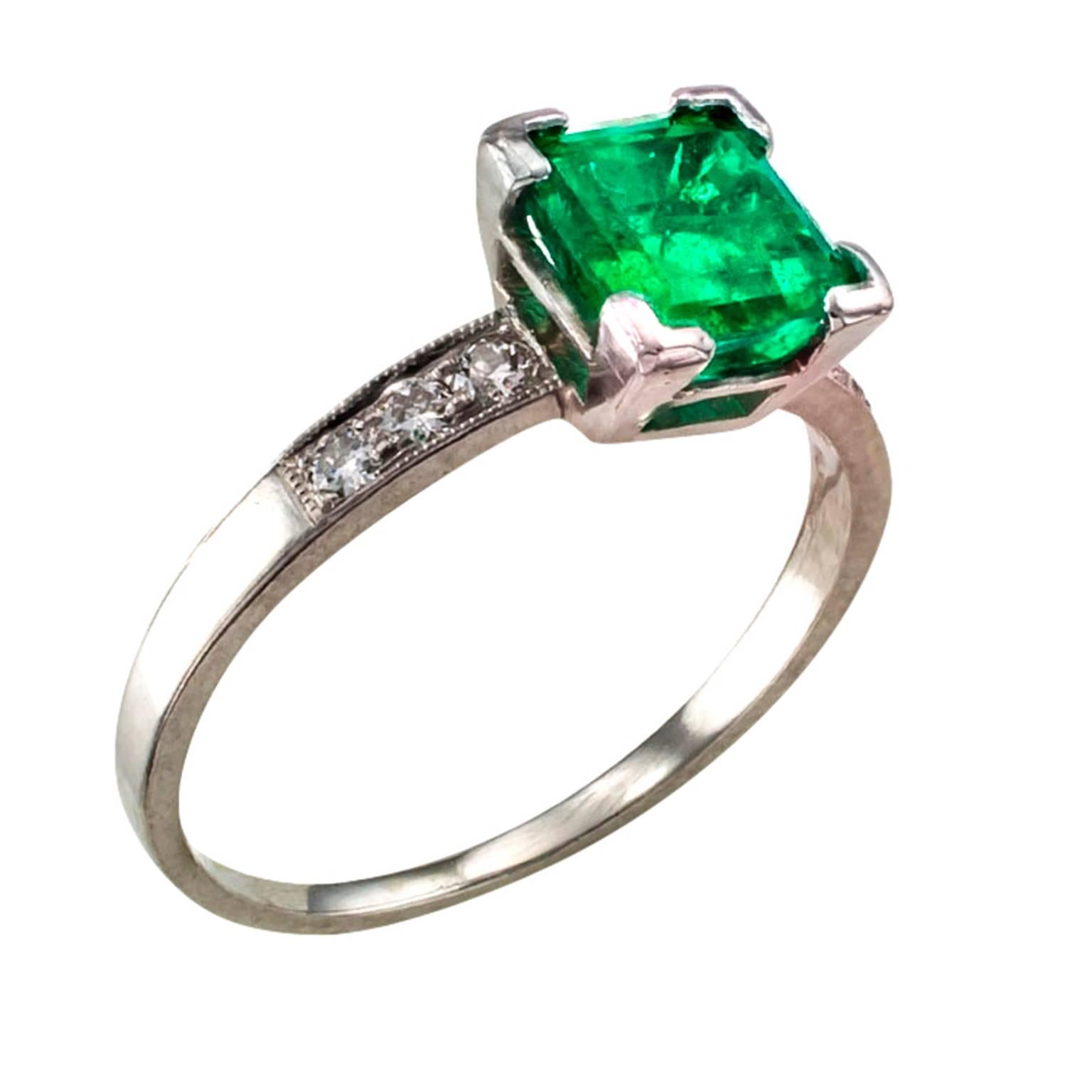 1930s Emerald Diamond Platinum Engagement Ring at 1stDibs