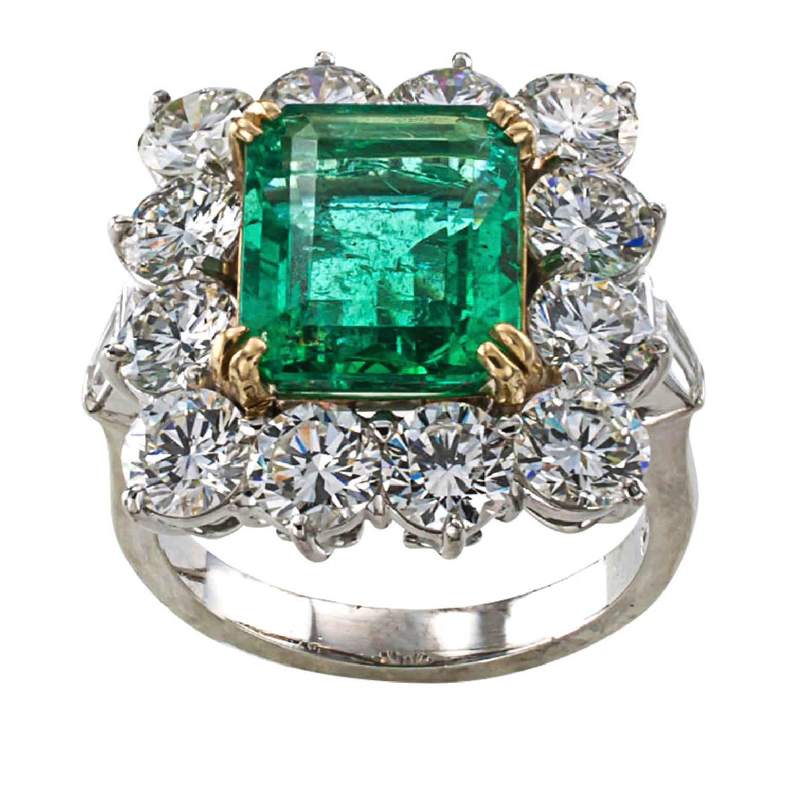 Modern 1950s Emerald Diamond Gold Platinum Ring