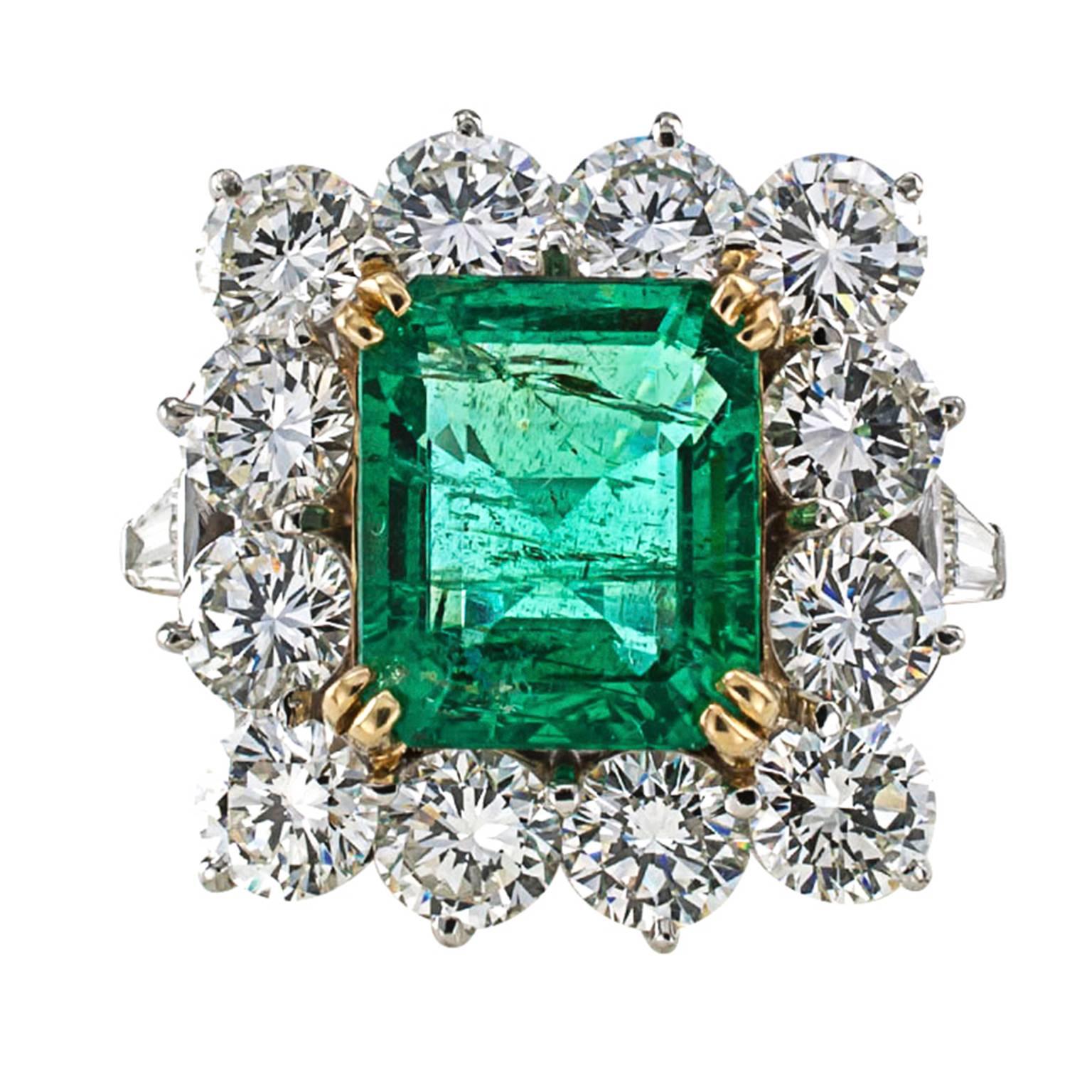 1950s Emerald Diamond Gold Platinum Ring In Excellent Condition In Los Angeles, CA