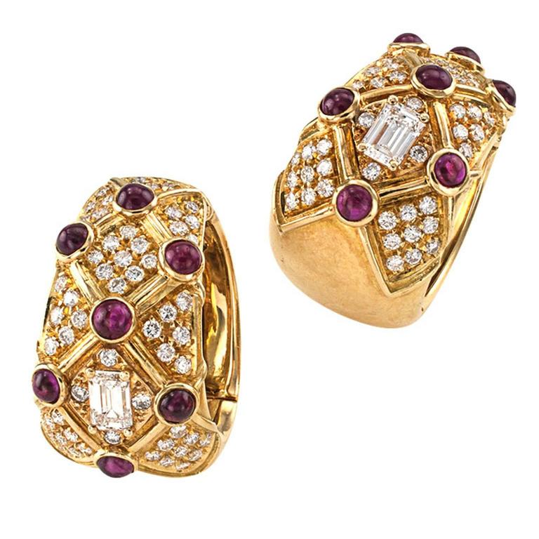 Ruby Diamond Gold Clip-On Hoop Earrings For Sale at 1stDibs