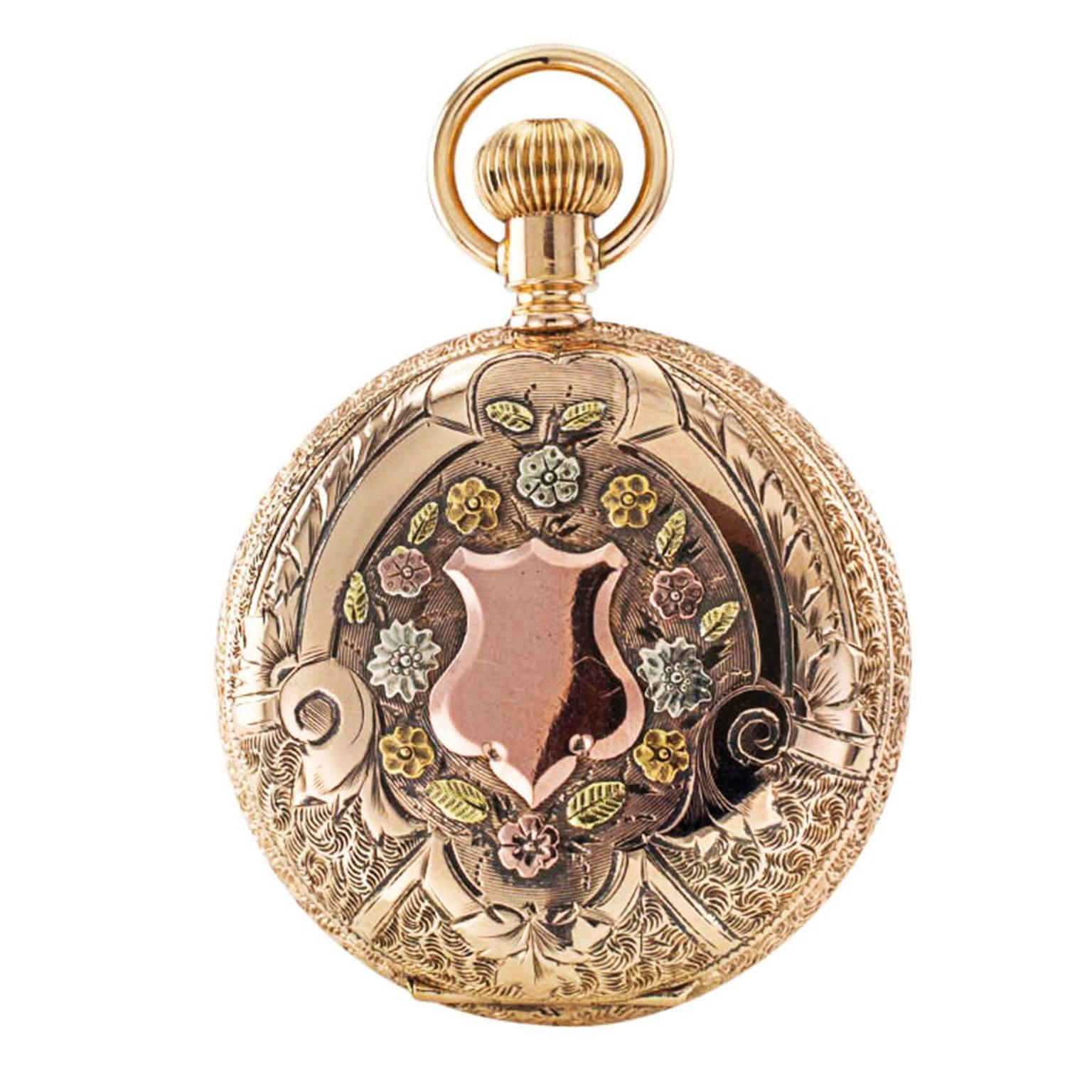 Tricolor 14 Karat Solid Gold Waltham Covered Hunters Case Pocket Watch

All the bells and whistles... Very, very pristine, a super attractive case, not a single millimeter of its entire surface  has escaped the engraver's artful and elaborate