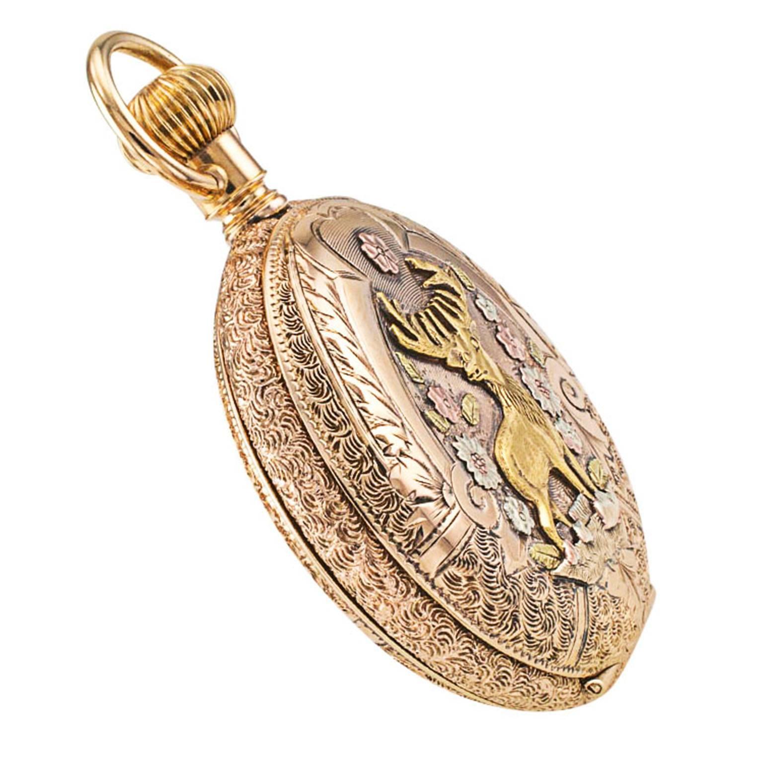 Waltham Tricolor Gold Elk Covered Case Pocket Watch In Excellent Condition In Los Angeles, CA