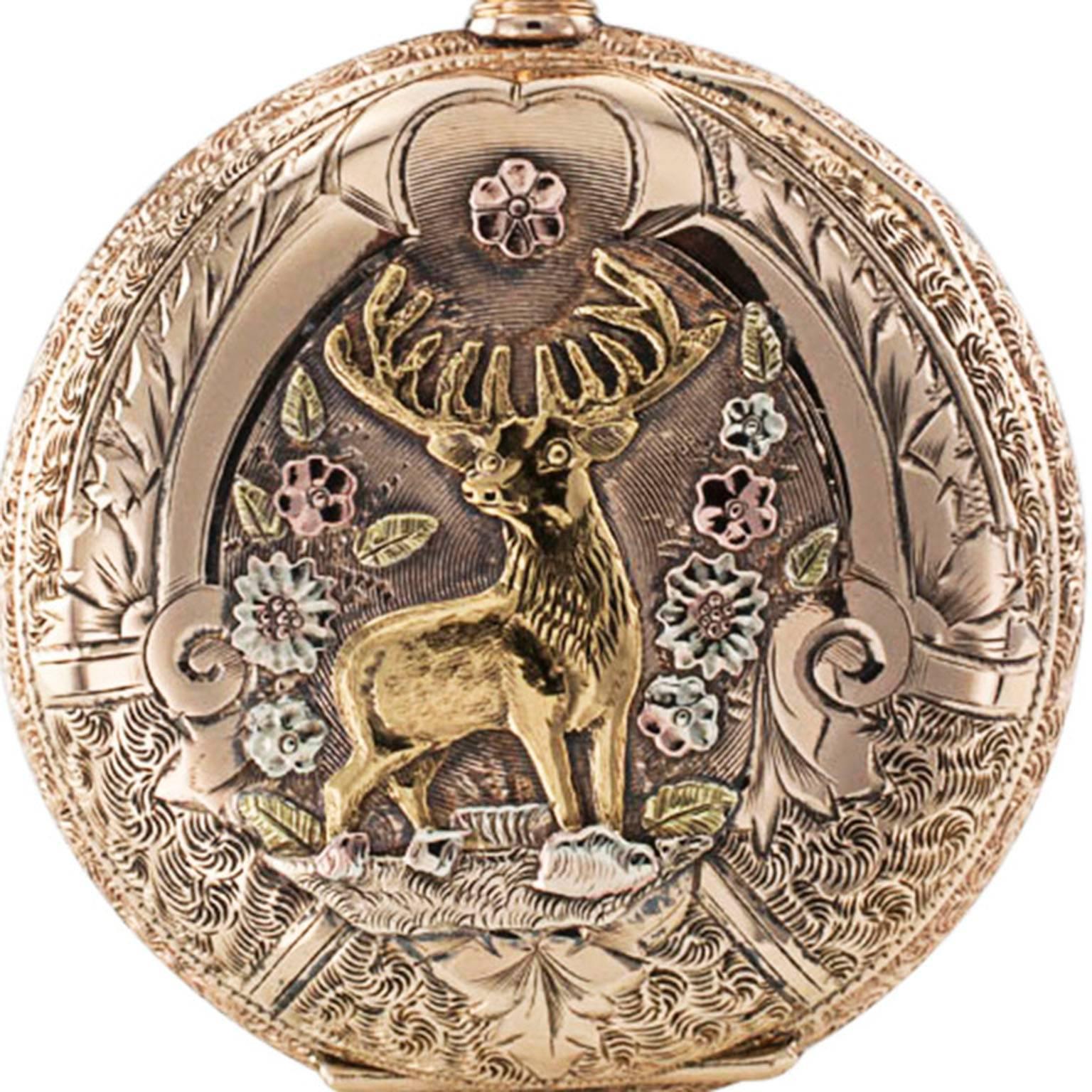 Waltham Tricolor Gold Elk Covered Case Pocket Watch 1