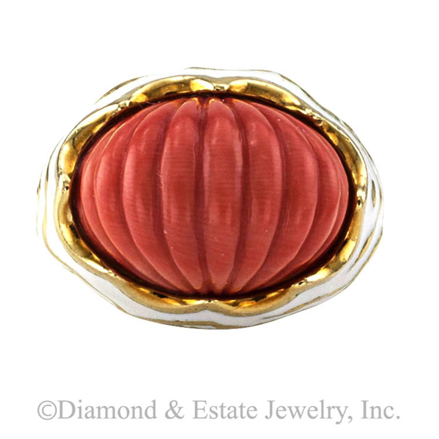 Coral White Enamel and 18 Karat Gold Artistic Ring

Art for art's sake, a flight of fancy... what a super cool ring to own!  It is difficult to contain the excitement describing something so different, so abstract... from the depths of a very