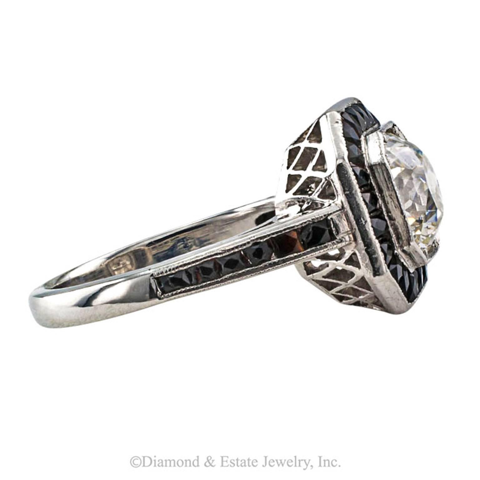 1.85 Carats Old Mine Cushion Cut Diamond and Black Onyx Engagement Ring

Undeniably gratifying, eye candy... the big rock in the middle!  The awe-inspiring Art Deco style inspired platinum mount centers upon an old mine cushion-cut diamond