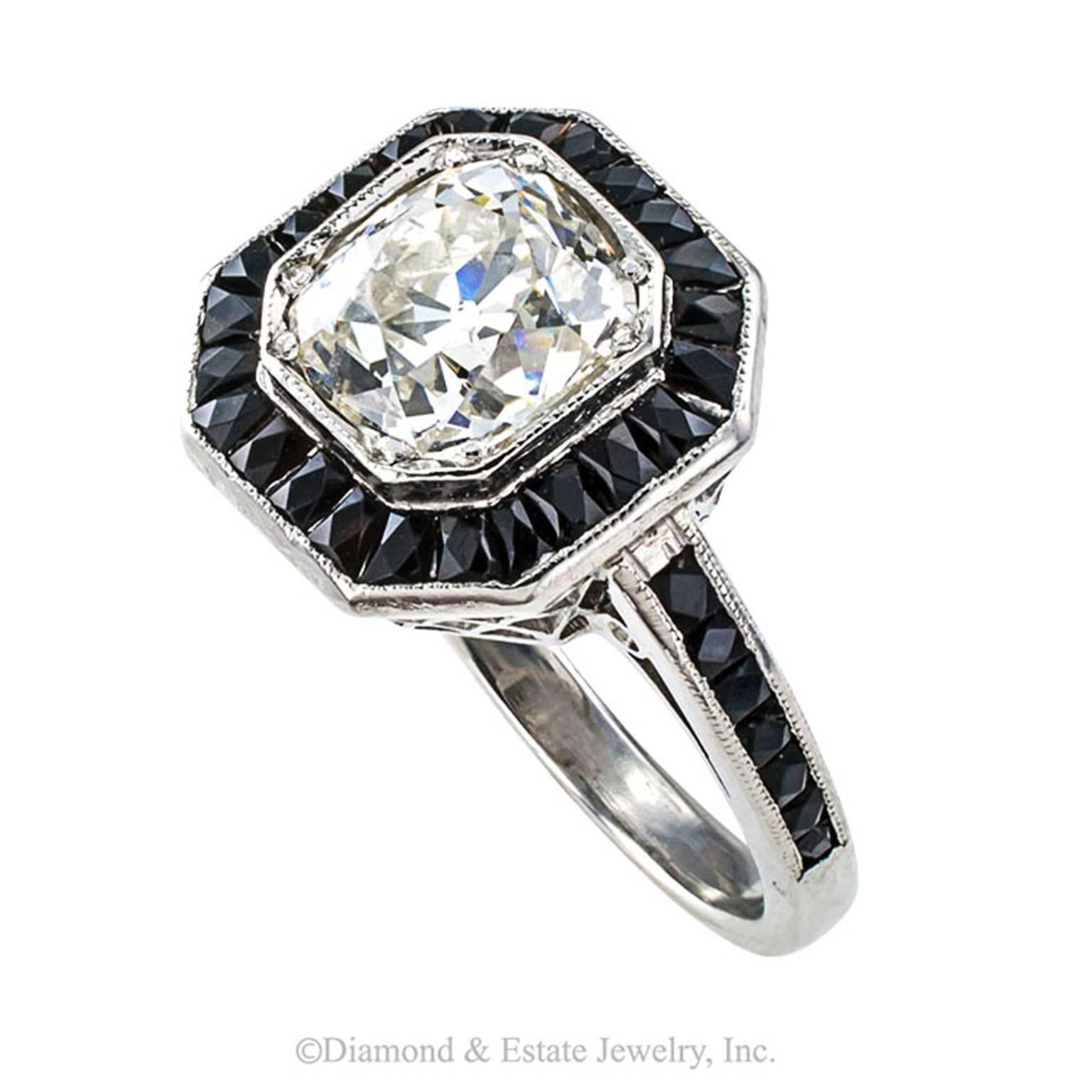 Art Deco 1.85 Carats Old Mine Cushion Cut Diamond Black Onyx Platinum Engagement Ring