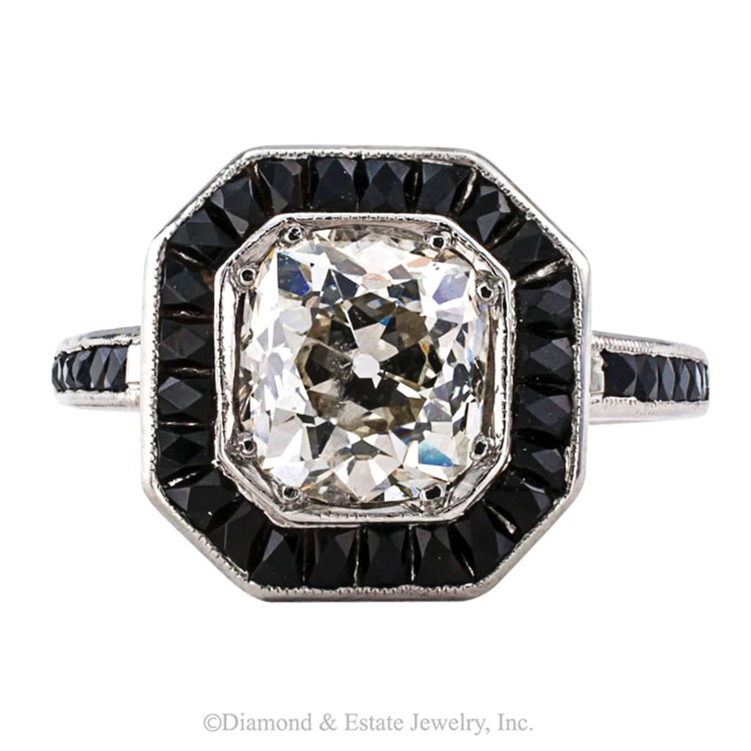 Women's or Men's 1.85 Carats Old Mine Cushion Cut Diamond Black Onyx Platinum Engagement Ring