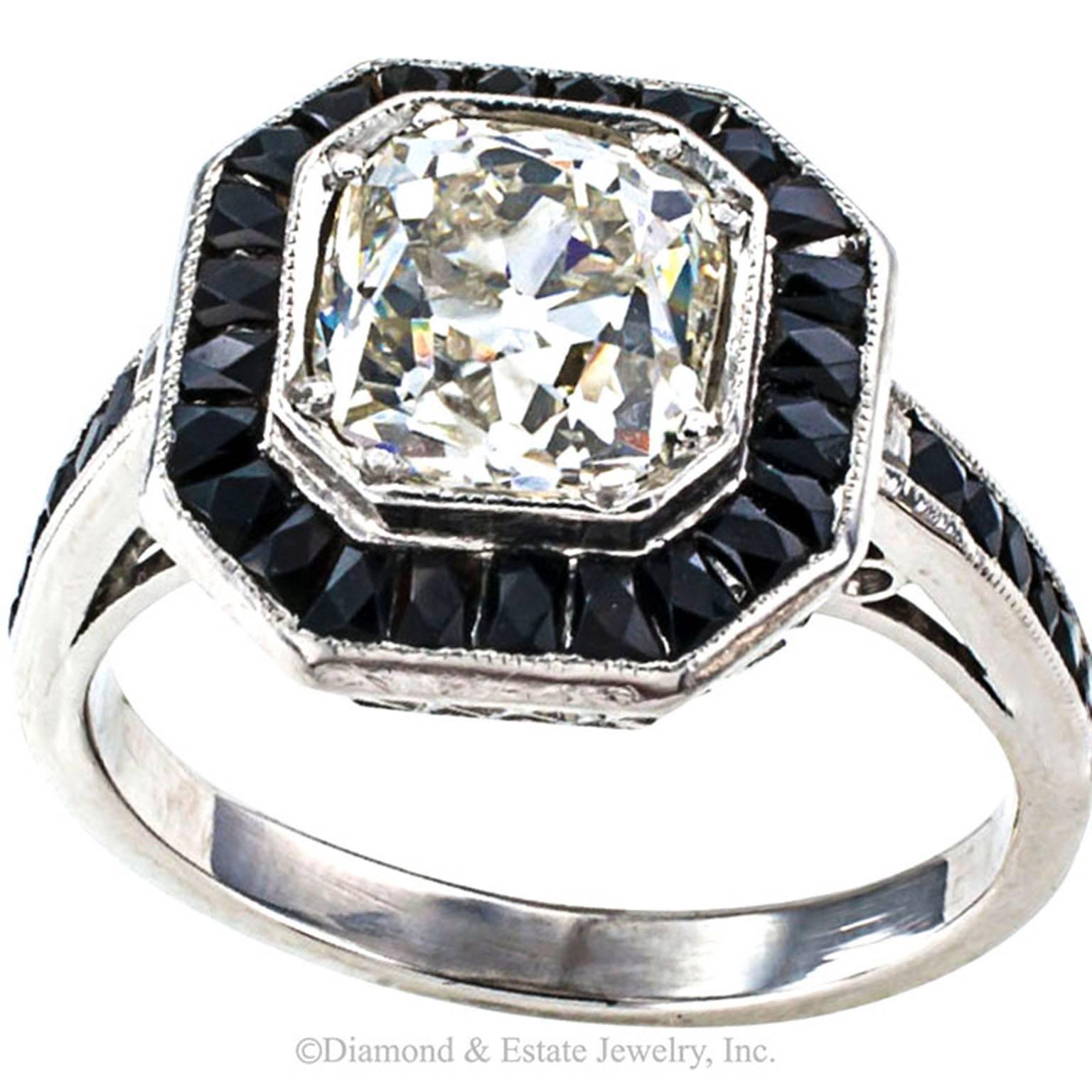 1.85 Carats Old Mine Cushion Cut Diamond Black Onyx Platinum Engagement Ring 1