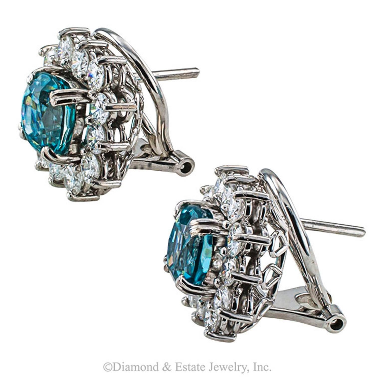 Modern 1950s Natural Blue Zircon and Diamond Cluster Earrings 