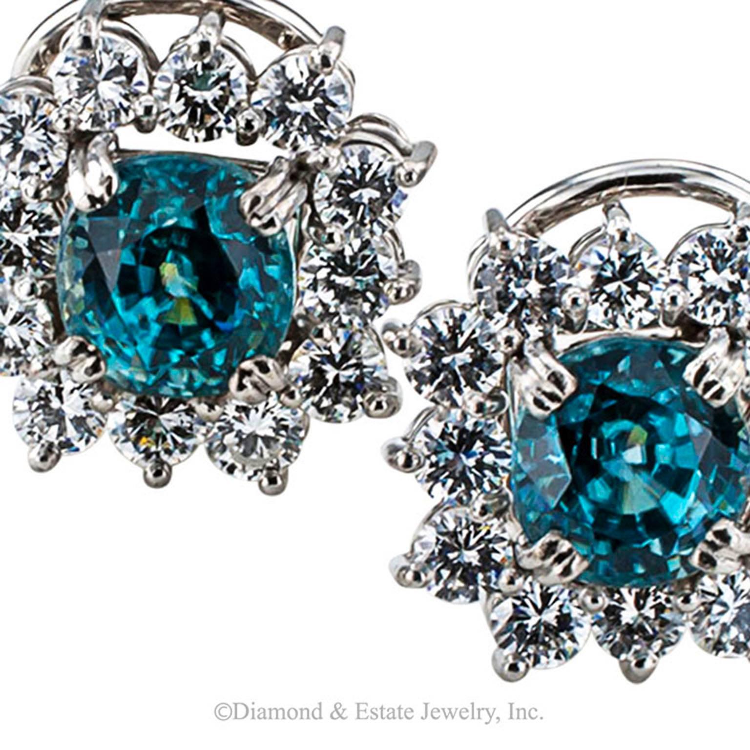 1950s Natural Blue Zircon and Diamond Cluster Earrings  In Excellent Condition In Los Angeles, CA