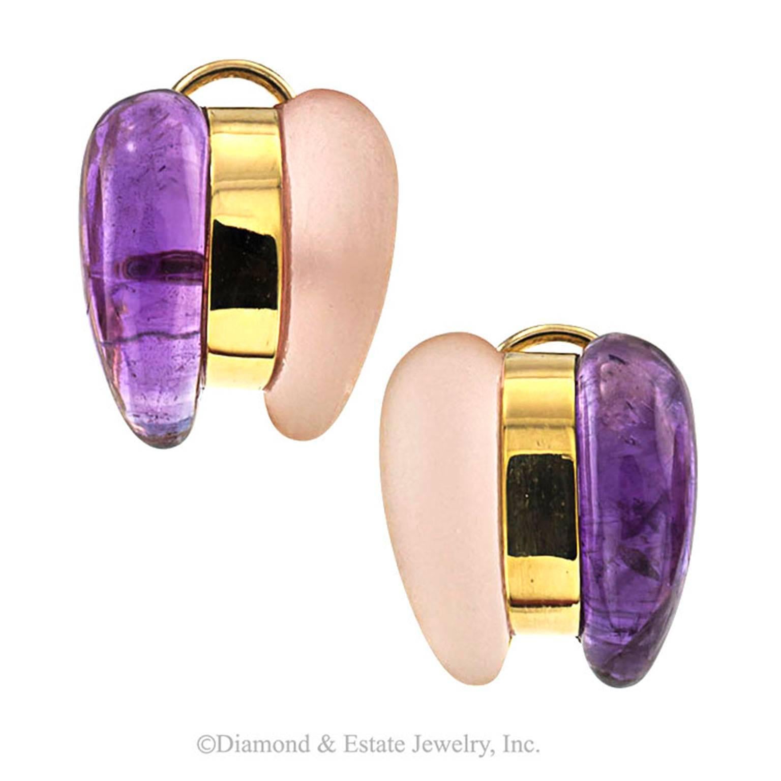 WINC Creations Estate Amethyst and Rose Quartz Earrings

Eye candy comes in many flavors, like royal amethyst and frosted rose quartz... as in this pair of super chic earrings.  They are clearly left and right.  That gives you choices... switching