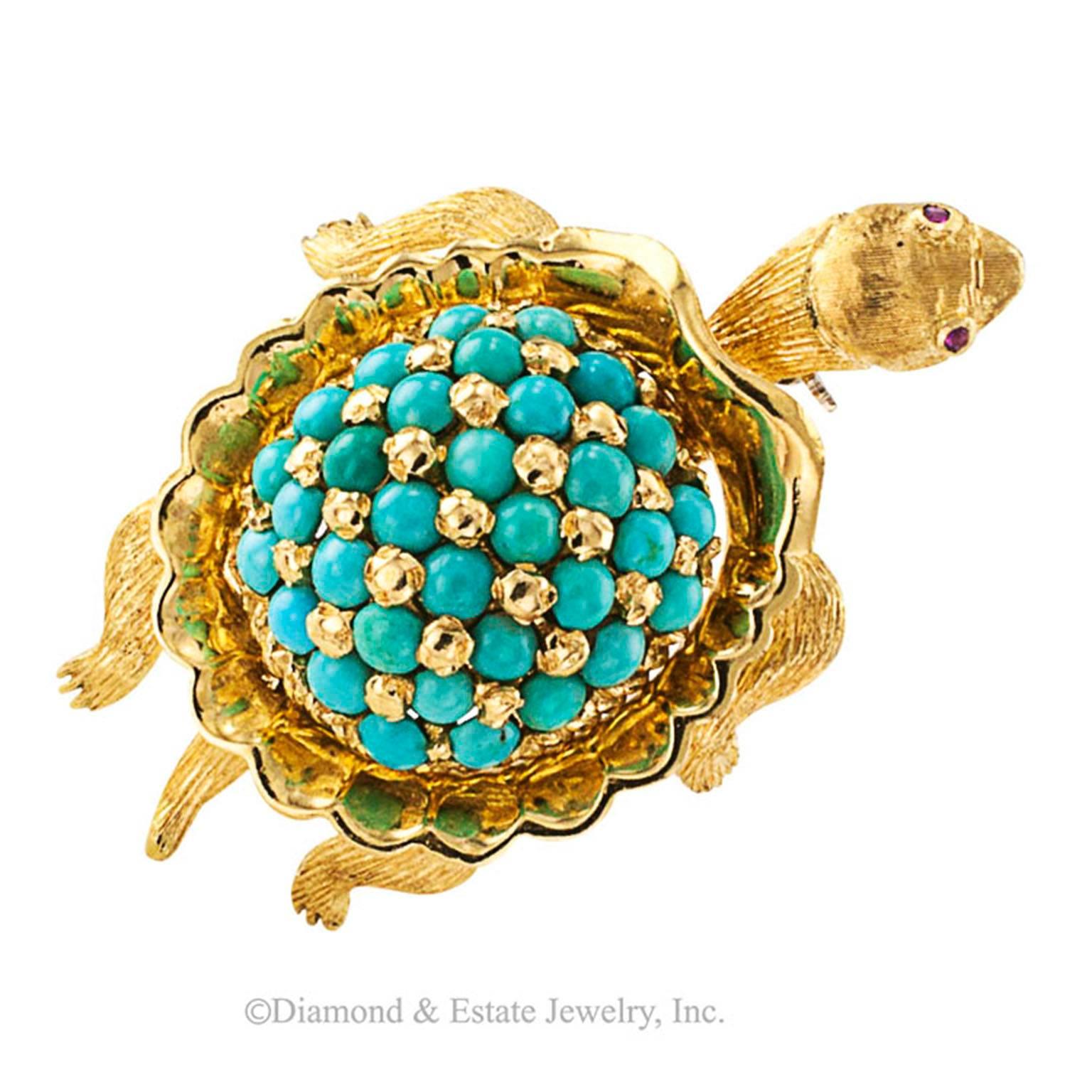 Modern 1960s Turquoise Ruby Gold Sea Turtle Brooch 