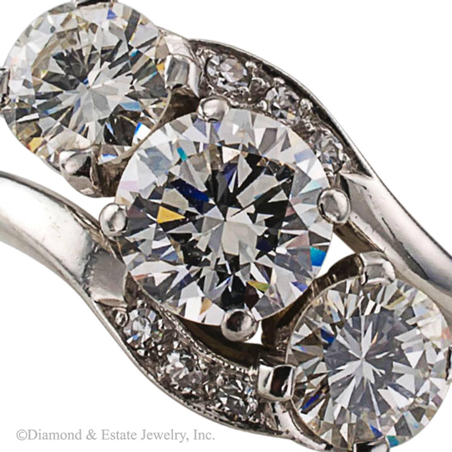 Women's or Men's Mid Century Three Stone Diamond Platinum Ring