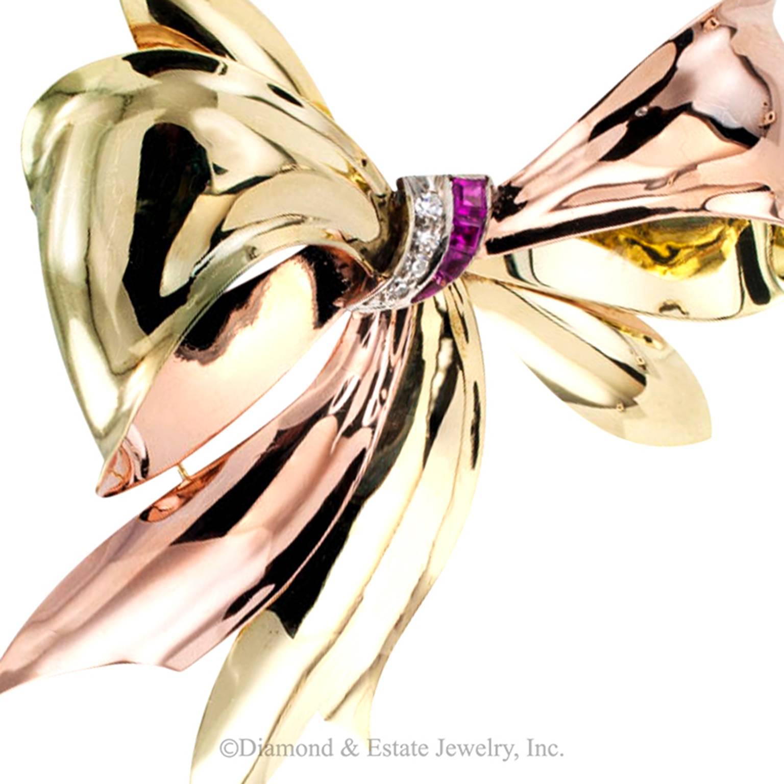 Tiffany & Co. Ruby Diamond Gold Retro Bow Brooch 1