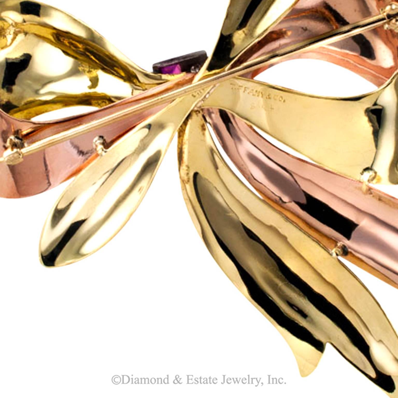 Women's or Men's Tiffany & Co. Ruby Diamond Gold Retro Bow Brooch