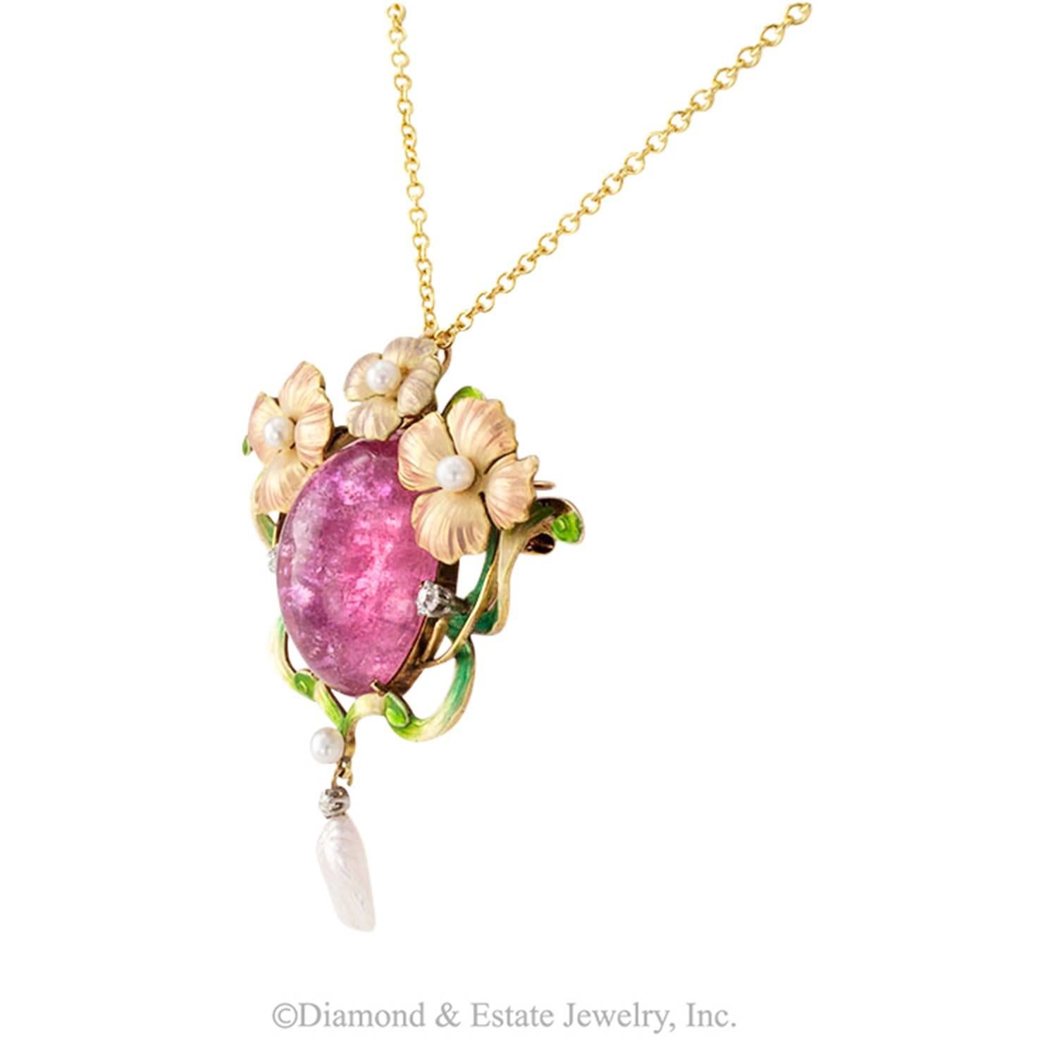 Art Nouveau Pink Tourmaline Enamel Pearl Diamond Brooch Pendant In Excellent Condition In Los Angeles, CA