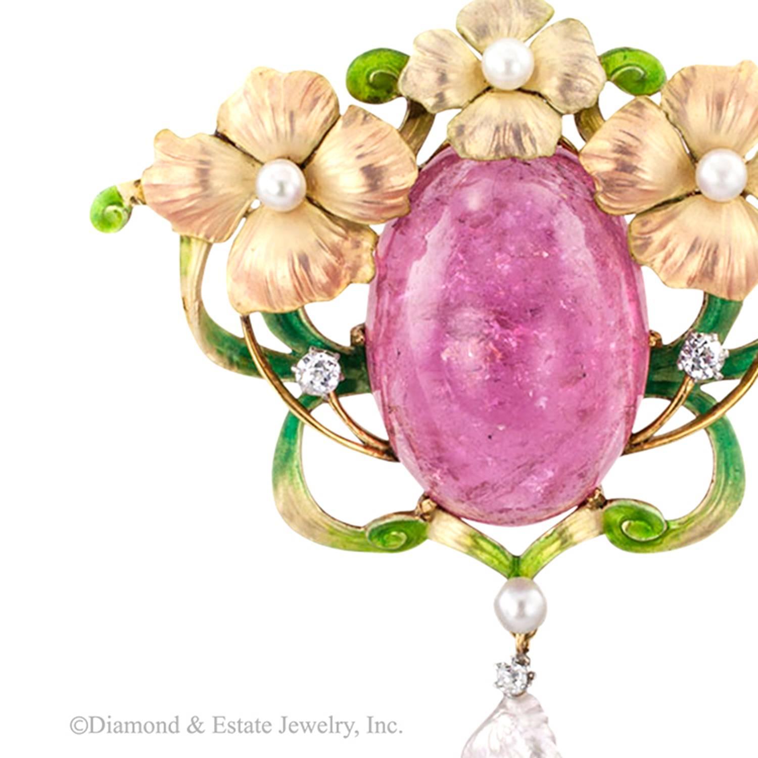 Art Nouveau Pink Tourmaline Enamel Pearl Diamond Brooch Pendant 1