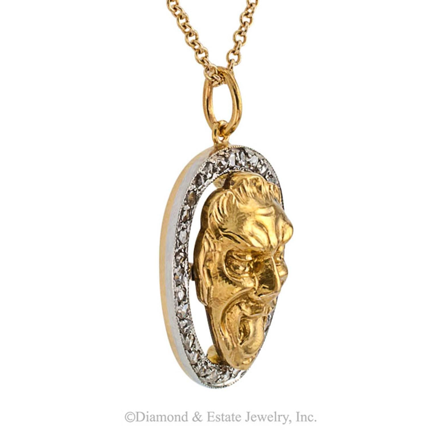 Art Nouveau Gold Platinum and Diamond Face Pendant

Packs a punch in spite of its dainty proportions, the pendant centers upon a bright, 18 karat gold, androgynous face inhabited by an expression of intense elation, excitement and happiness,