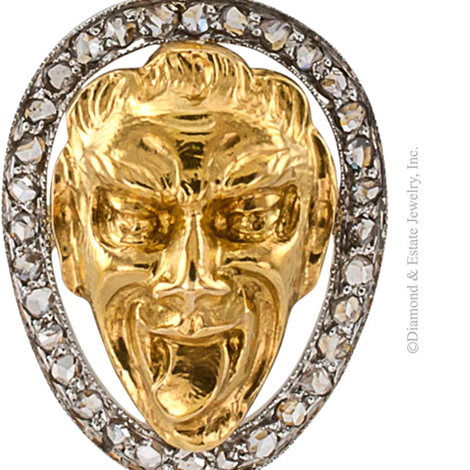 Women's or Men's Art Nouveau Gold Diamond Platinum Mask Face Pendant