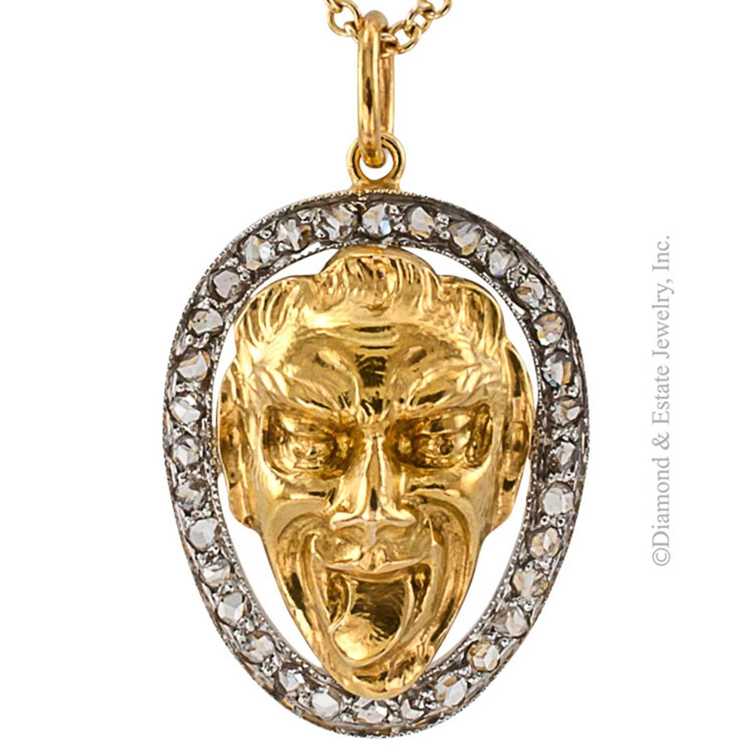 Art Nouveau Gold Diamond Platinum Mask Face Pendant In Excellent Condition In Los Angeles, CA