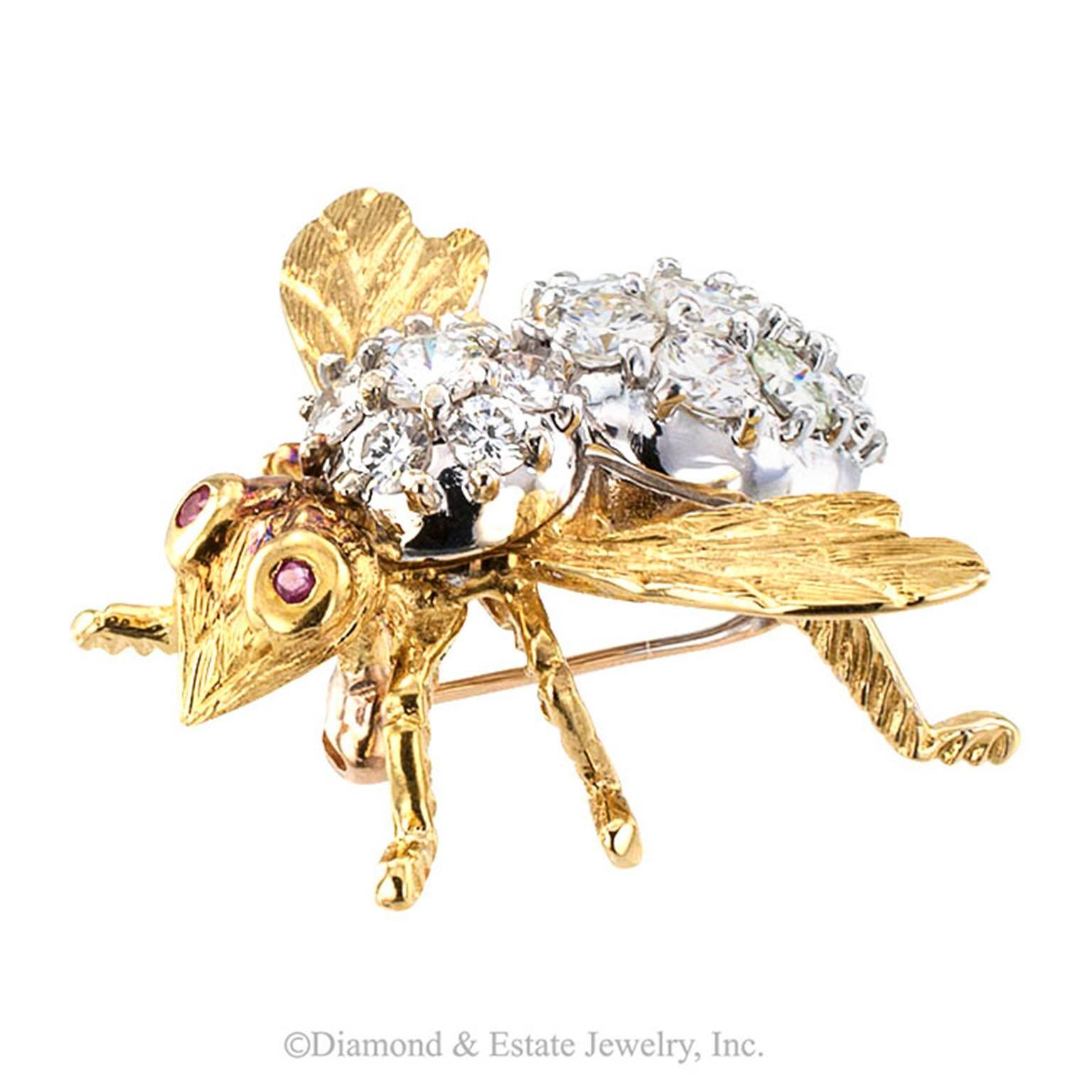 Contemporary Rosenthal Ruby Diamond Gold Bee Pin
