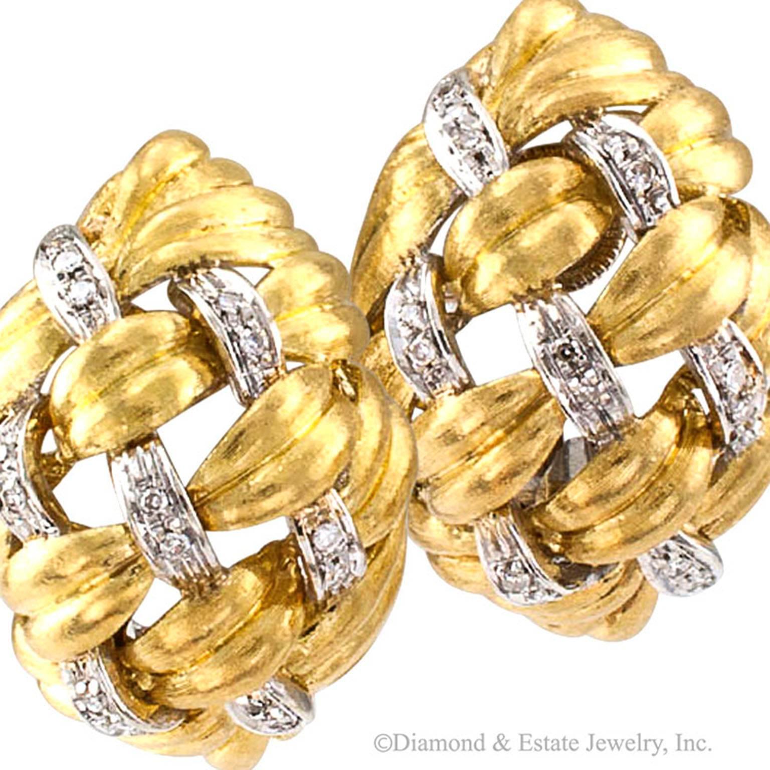 Diamond Gold Domed Basket Weave Ear Clips In Excellent Condition In Los Angeles, CA
